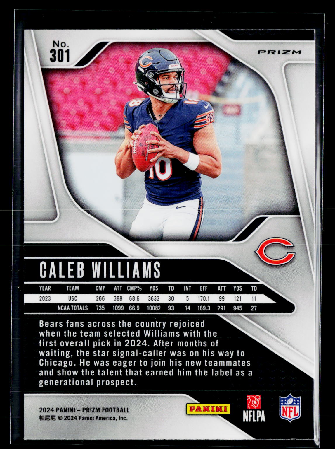 2024 Panini Prizm Caleb Williams RC #301 Pink Prizm Chicago Bears