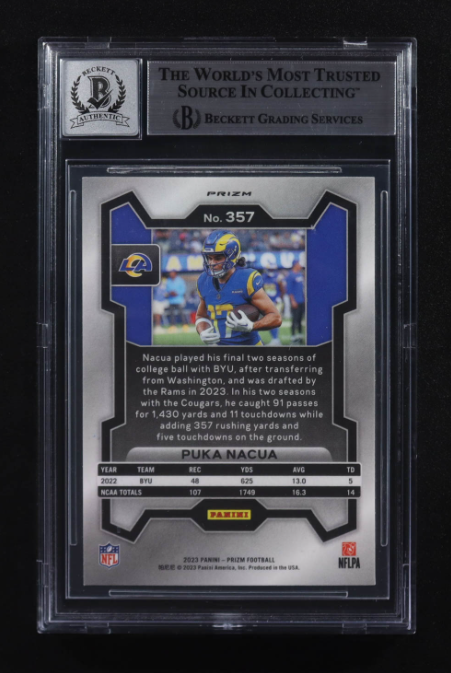 Puka Nacua Signed 2023 Panini Prizm Silver Prizms #357 RC BGS Auto 10