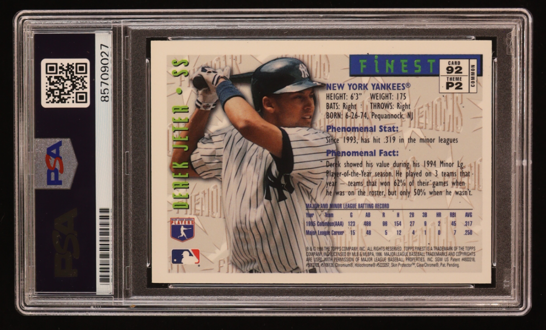 Derek Jeter Signed 1996 Topps Finest Phenoms #92 RC PSA Auto 10