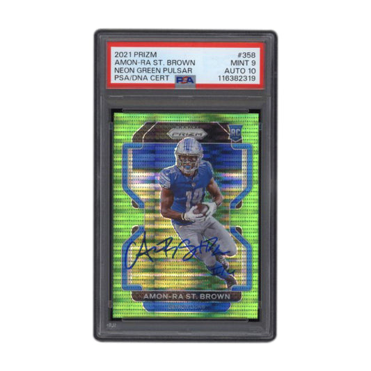 Amon-Ra St. Brown Signed 2021 Prizm Neon Green Pulsar RC #358 PSA 9 Auto 10