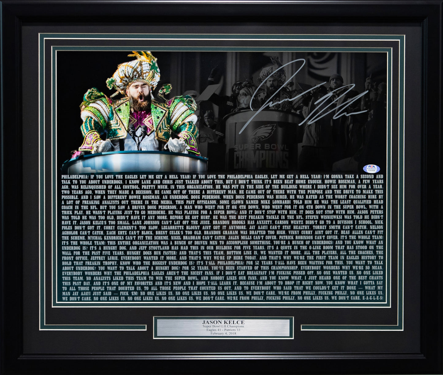 Jason Kelce Philadelphia Eagles Autographed 16x20 "Parade Speech" Framed JSA