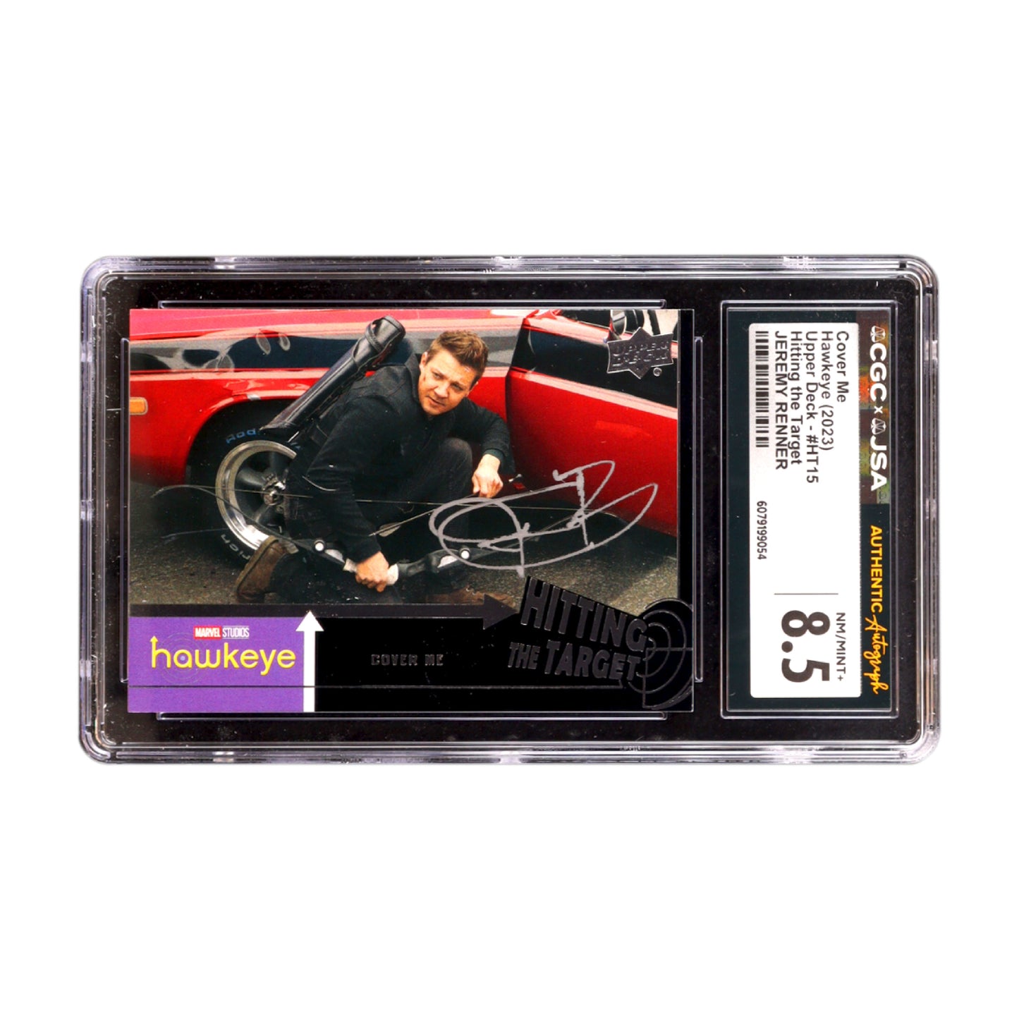 Jeremy Renner Signed Hawkeye 2023 Upper Deck Cover Me Hitting The Target #HT15 CGC 8.5