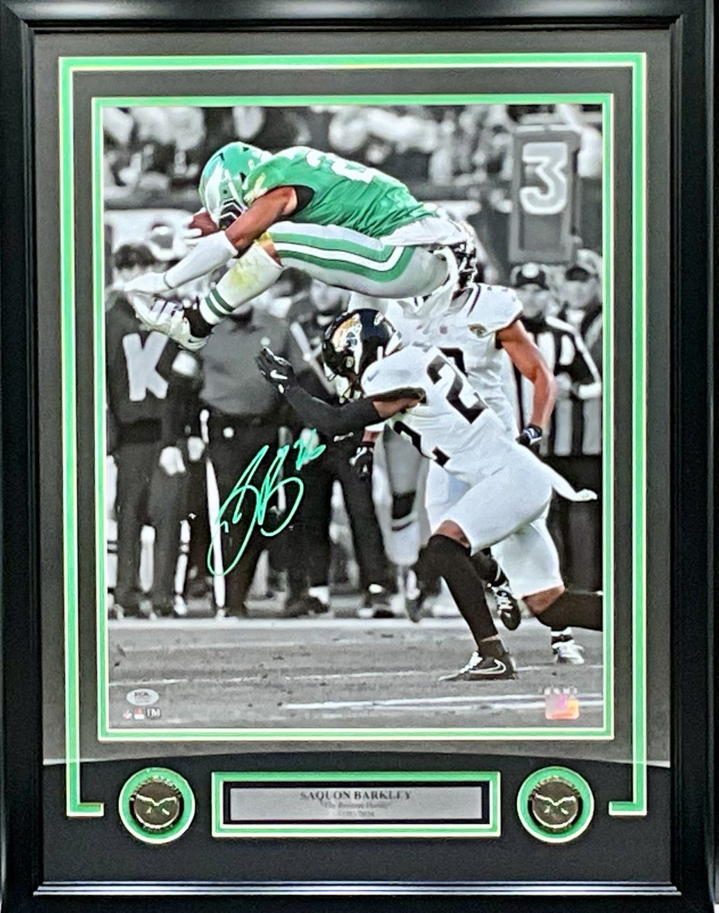 Saquon Barkley Philadelphia Eagles Autographed "Reverse Hurdle" Photo Framed