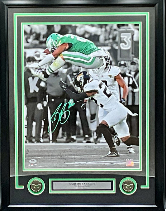 Saquon Barkley Philadelphia Eagles Autographed "Reverse Hurdle" Photo Framed