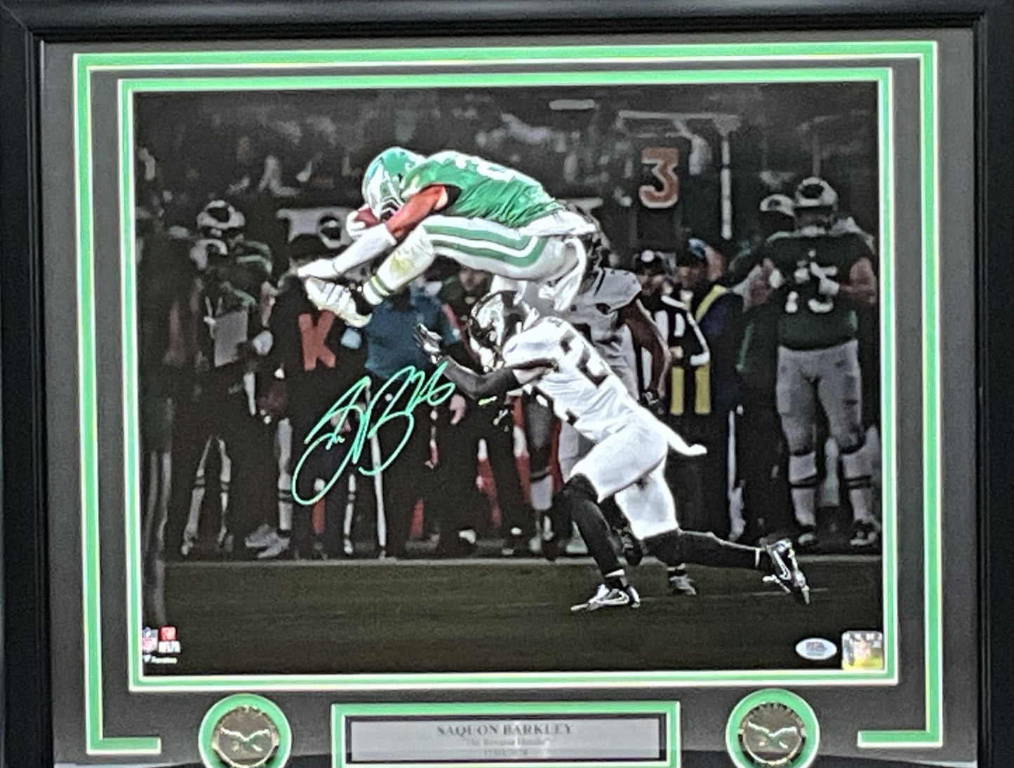 Saquon Barkley Philadelphia Eagles Autographed "Reverse Hurdle" Photo Framed