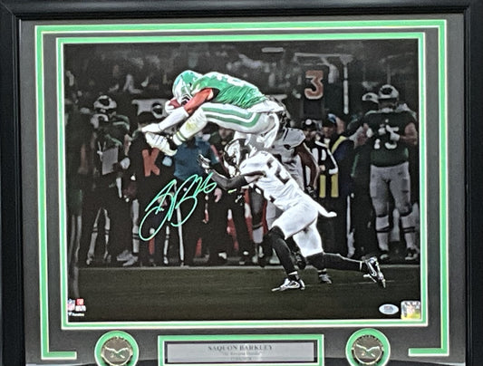 Saquon Barkley Philadelphia Eagles Autographed "Reverse Hurdle" Photo Framed