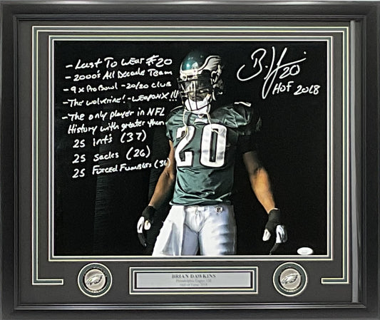 Brian Dawkins Philadelphia Eagles Autographed 16x20 "Visor" 10 Inscriptions Photo Framed