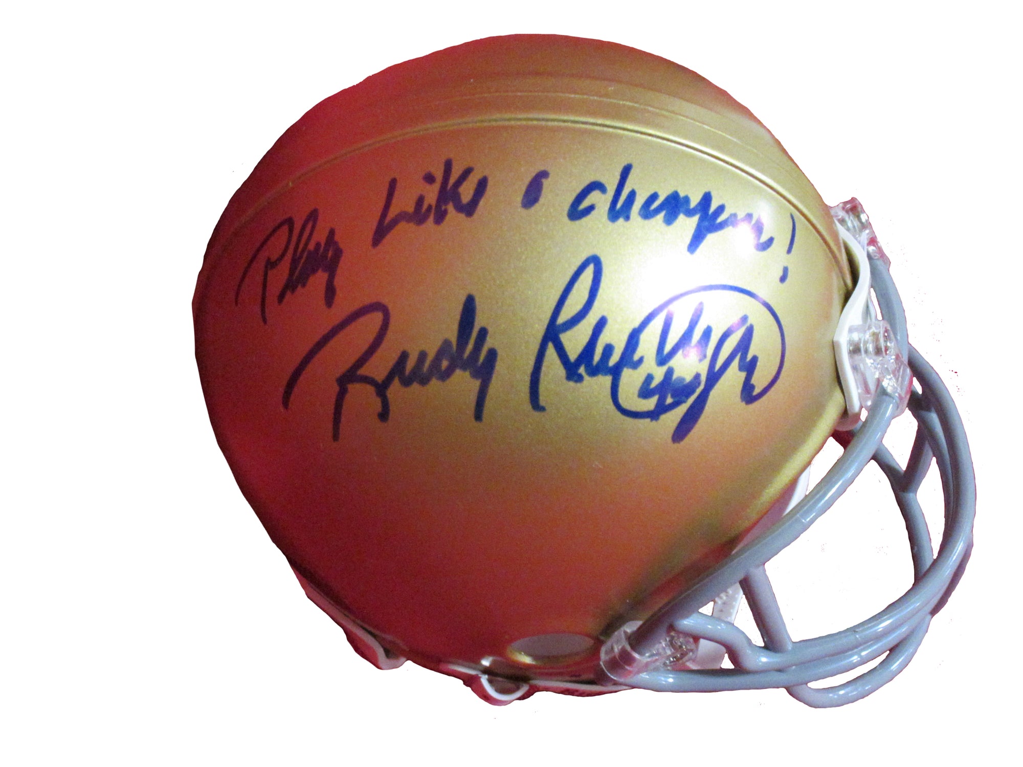 Rudy Ruettiger Autographed Notre Dame Mini-Helmet Inscribed "Play Like a Champion"