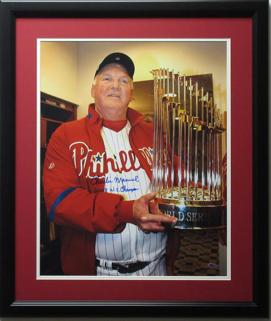 Charlie Manuel Autographed 16x20 "WS Trophy" Photo Framed