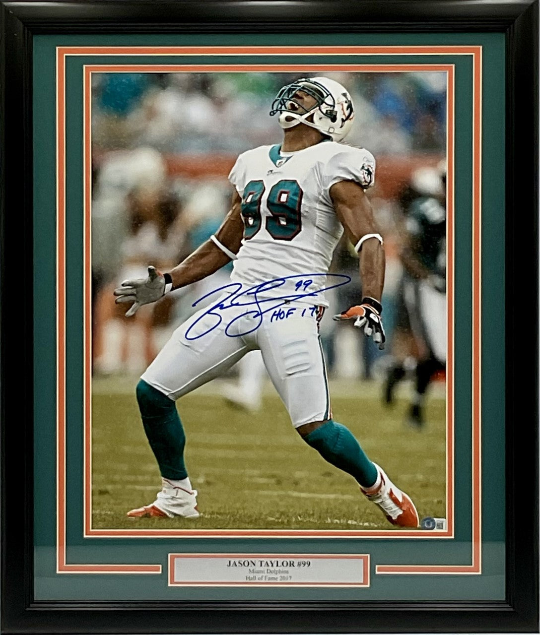 Jason Taylor Miami Dolphins "HOF 17" Autographed 16x20 Photo Framed