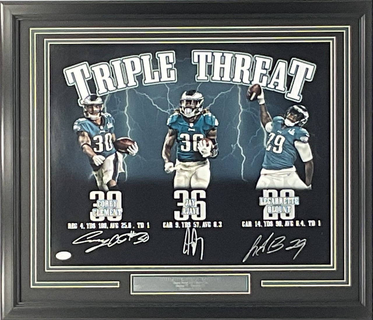 Philadelphia Eagles SB LII Autographed "Triple Threat" 16x20 Photo Framed